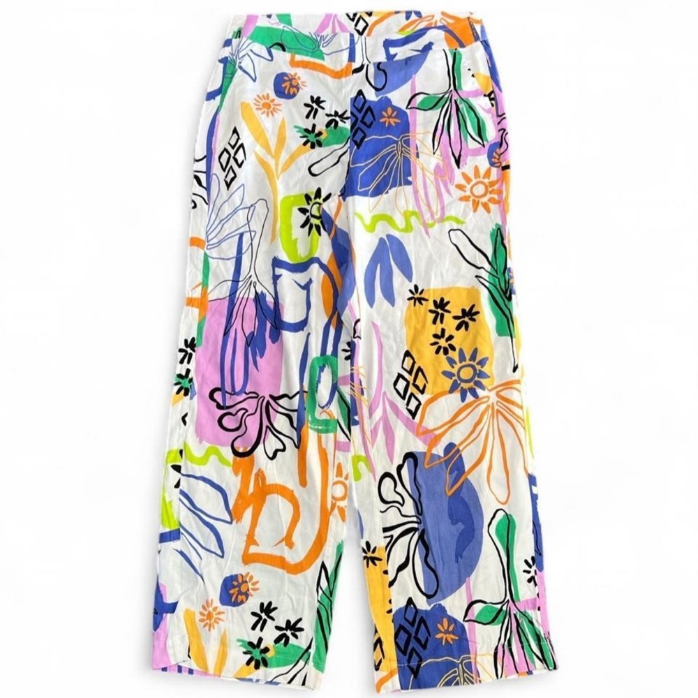 Chico's Surreal Print‎ Multicolor Linen Blend Wide Leg Pants Elastic Waist 12